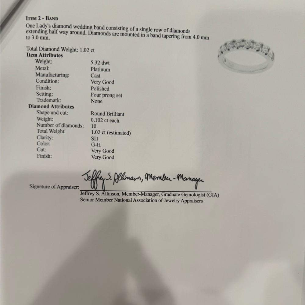 1.02 ct Diamond Platinum Band — report attached - Picture 6 of 8